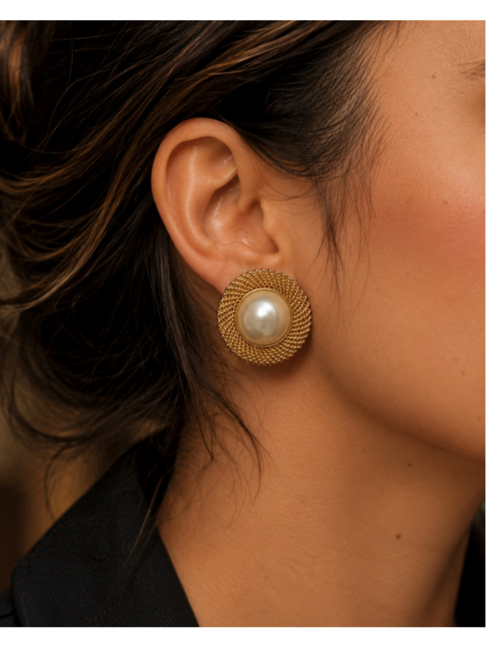 Vintage Gold Tone Faux Pearl Swirl Rope Clip On Earrings Unsigned Statement